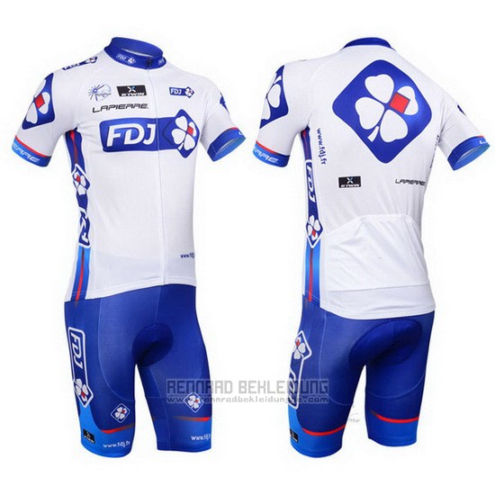 2013 Fahrradbekleidung FDJ Wei und Azurblau Trikot Kurzarm und Tragerhose